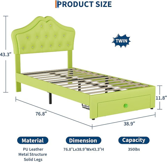 Garvee Twin Size Bed Frame with LED Lights & Velvet Crystal Button Headboard, Upholstered Boy Platform Bed with Storage Drawer, Noise Free, No Box Spring Needed for Kids, Teens, OrangeAvocado Green