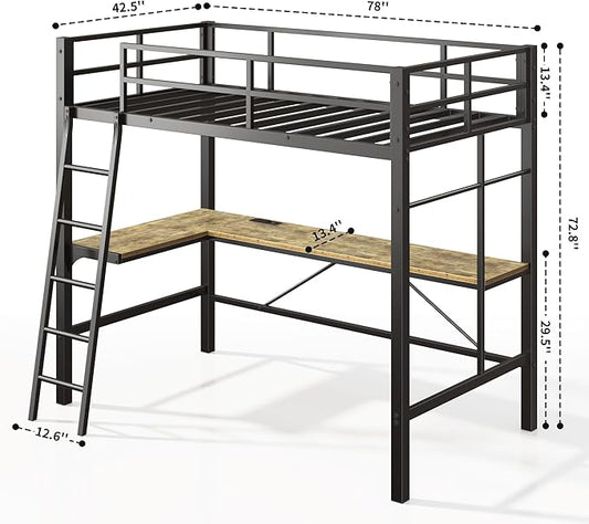 Cryrature Twin Size Loft Bed with L-Shaped Desk & Charging Station,Heavy Duty Metal Twin Loft Bed Frame with Safety Guardrail & Ladders, No Box Spring Needed,Black