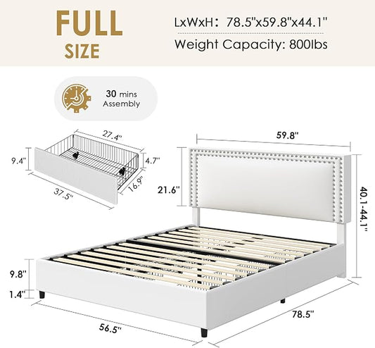 VECELO Full Size Upholstered Bed Frame with 4 Storage Drawers, Adjustable Velvet Rivet Decor Headboard, Wooden Slats Platform Support, No Box Spring Needed, Easy Assembly,White