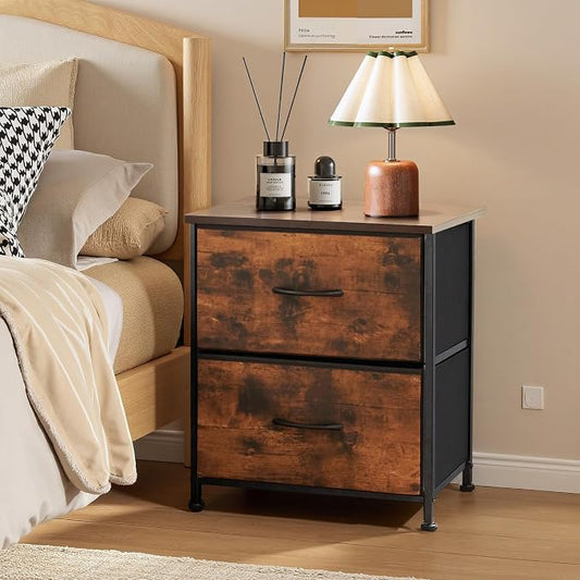 Nightstand, Small 2 Drawer Dresser End Table Bedside Furniture, Wooden Top Fabric Bins for Bedroom, Closet, Entryway, Dorm, 11.8" D x 18" W x 20", Brown
