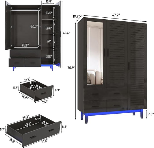 jiteentarou 3 Door Armoire Wardrobe Closet Cabinet with Drawers and LED Lights, Multi-Tier Shelves, Hanging Rod & 3 Louver Doors, Large Capacity Storage Wardrobe Armoire for Bedroom(3 Doors Black)