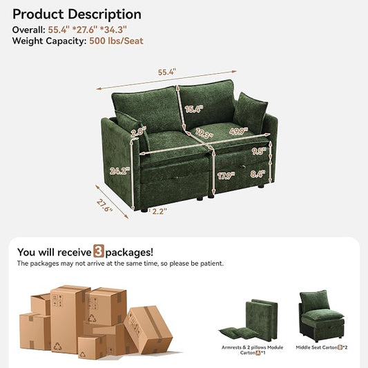 55" Cloud Modular Loveseat Sofa with Storage, Modern Upholstered Sofa Couch Small Love Seat, 2 Seater Chenille Comfy Sectional Sofa with Armrests for Living Room, Small Space, Green