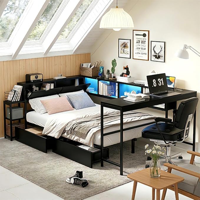 Bellemave Full Size Corner Bed Frame with Storage Bookcase & 2 Drawers, Modern Metal Full Daybed with LED Lights & Charging Station, Reversible Full Corner Bed with Desk for Space-Saving, Black