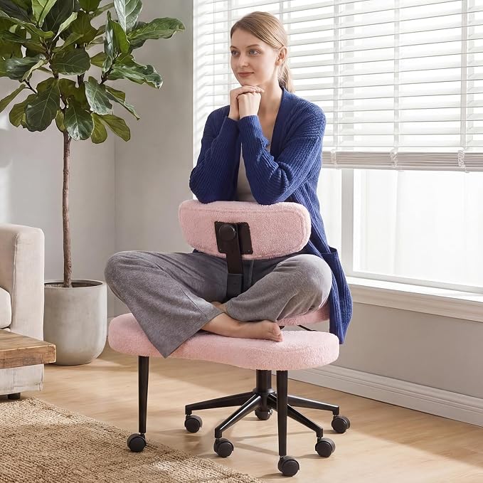 DUMOS Ergonomic ADHD Meditation Office Desk Chair with Adjustable Backrest, Cross Legged Chair Height Adjustable with 360° Swivel Footstool, Yoga Stool for Home Office, Teddy Fabric Pink