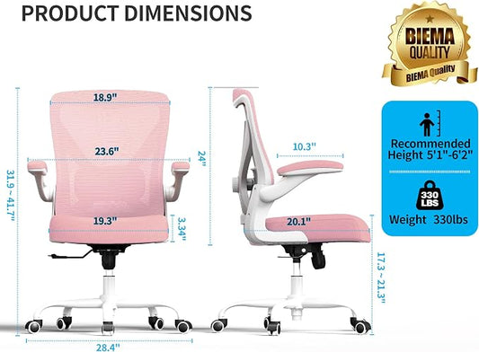 Office Chair Ergonomic Desk Chair Comfy: 330LBS Mesh Computer Chair Ergonomic Gaming Chairs with Wheels Adjustable Lumbar Support and Flip up Armrest-Swivel Executive Chairs Long Hours(Light Pink)