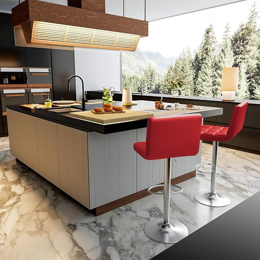 Homall Bar Stools Modern PU Leather Adjustable Swivel Barstools, Armless Hydraulic Kitchen Counter Bar Stool Extra Height Square Island Barstool with Back Set of 2 (Leather, Red)