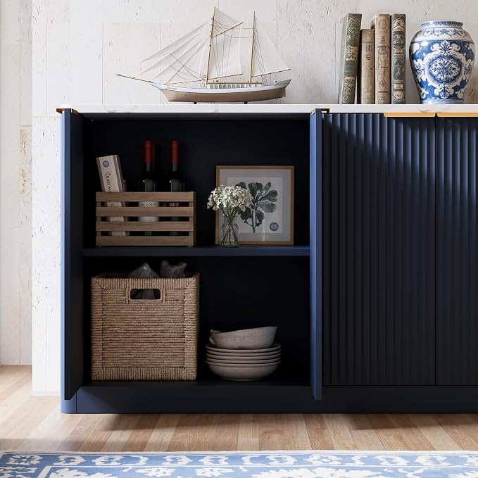 Evermagin 67" Fluted Blue Buffet Cabinet Sideboard with Storage, Large Credenza with 6 Doors, Wood Mid Century Modern Sideboard for Kitchen and Living Room (67"*31.5"*15.7")