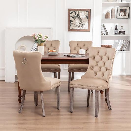 Hixkol Velvet Dining Chairs Set of 4,Upholstered Dining Chairs with Ring Pull Trim and Button Back,Modern Seating for Kitchen, Bedroom & Living Room(Khaki)