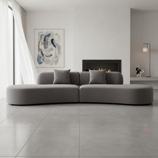Container Furniture Direct Belmont 132" Curved Sofa with Throw Pillows, 6 Seater Luxury Velvet Couch with Half Moon Design and High-Density Foam, Ideal for Modern Living Room, Office & Apartment, Grey