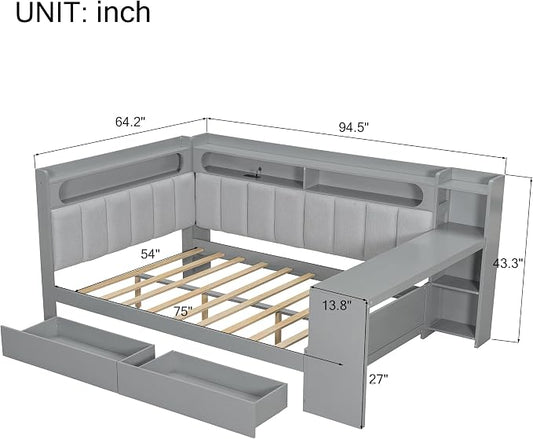 Bellemave Full Size Upholstered Daybed with Desk and Drawers and USB/LED Belt, Corner Bed with Trundle, L-Shape daybed for Bedroom Living Room, Gray(Linen)