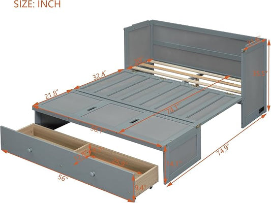 Merax Murphy Bed Cabinet Full Size with Storage Drawers, Chest Cube Bed for Guest Room, Built-in Sockets & USB Ports, for Home Office or Small Bedroom, Grey