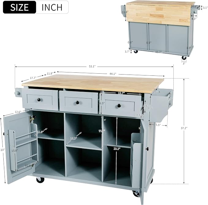 Large Kitchen Island with Rubber Wood Drop Leaf, Rolling Kitchen Cart with Ample Storage on Wheels with Doors and Drawers for Dining Room (Modern Grey Blue, Black Handle, 53Inch)