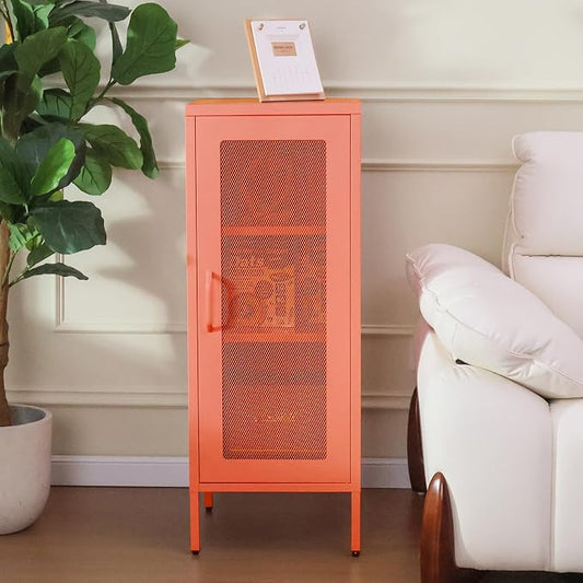 Slim Metal Storage Cabinet with Mesh Doors - 42'' Tall Narrow Organizer Tower, Compact Freestanding Cabinet, Versatile Utility Storage for Home, Office, Kitchen, Living Room, Durable and Modern Design