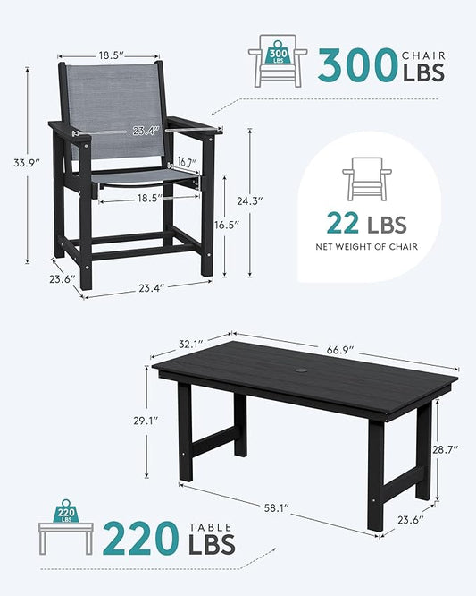 SERWALL Patio Dining Sets for 6, Outdoor HDPE Dining Set with Umbrella Hole Cut-Out Table and 6 Woven Chairs, Black