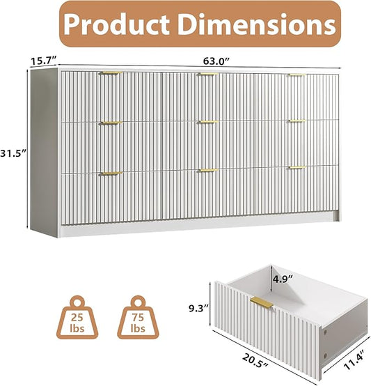 MAISONARIA 3-Piece Dresser Bedroom Set, 9 Drawer Dresser & 2 Drawer Nightstands with Gold Handles, Fluted Wood Chest of Drawers for Bedroom, Living Room, Entryway, White