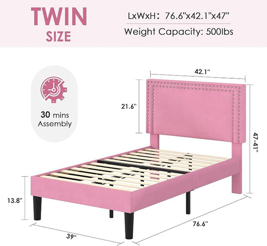 VECELO Twin Size Platform Bed Frame with Height Adjustable Upholstered Headboard, Modern Mattress Foundation,Strong Wood Slat Support, No Box Spring Needed, Easy Assembly,Pink