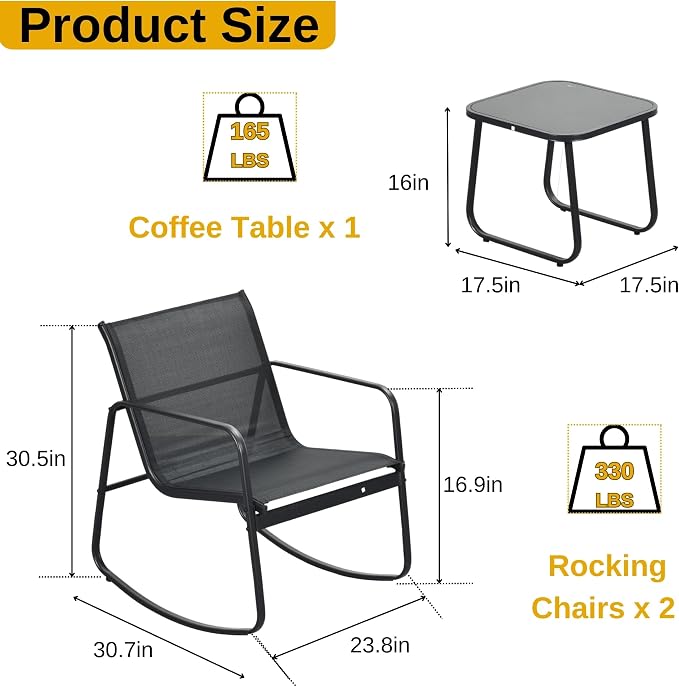 DWVO 3 Piece Patio Furniture Set, Durable Textilene Patio Set with Rocking Chairs Set of 2 & Tempered Glass Table for Garden, Balcony & Poolside, Black