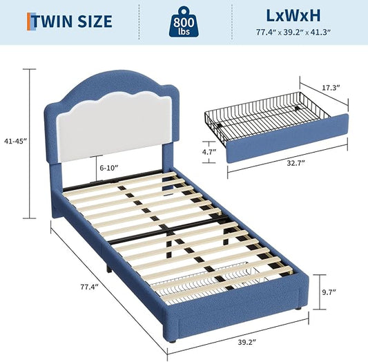 IDEALHOUSE Twin Bed Frame with LED Headboard and Under-Bed Drawer, Boucle Fabric Upholstered Platform Bed with LED Light for Kids, Girls, Wooden Slats Support, No Box Spring Needed, Pink