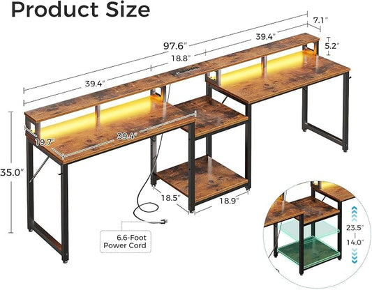 Casaottima 98 Inch 2 Person Gaming Desk with Storage Shelves, Long Double Home Office Computer Writing Desks with USB Charging Port & LED Lights, Monitor Stand, Modern Study/Work Table,Vintage