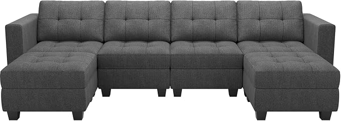 Belffin Reversible Storage Modular U-Shape Sectional Sofa Couch with Double Chaises Modular Sectional Sofa Set with Ottomans Fabric Dark Grey