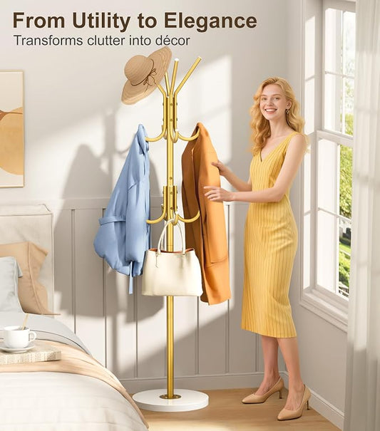 MISSLO Heavy Duty Coat Rack Freestanding with Stable Wood Base Modern Gold Coat Tree with 12 Hooks Adjustable Coats Hanger Stand Stylish Standing Clothes Tree for Entryway Bedroom Corner Hall