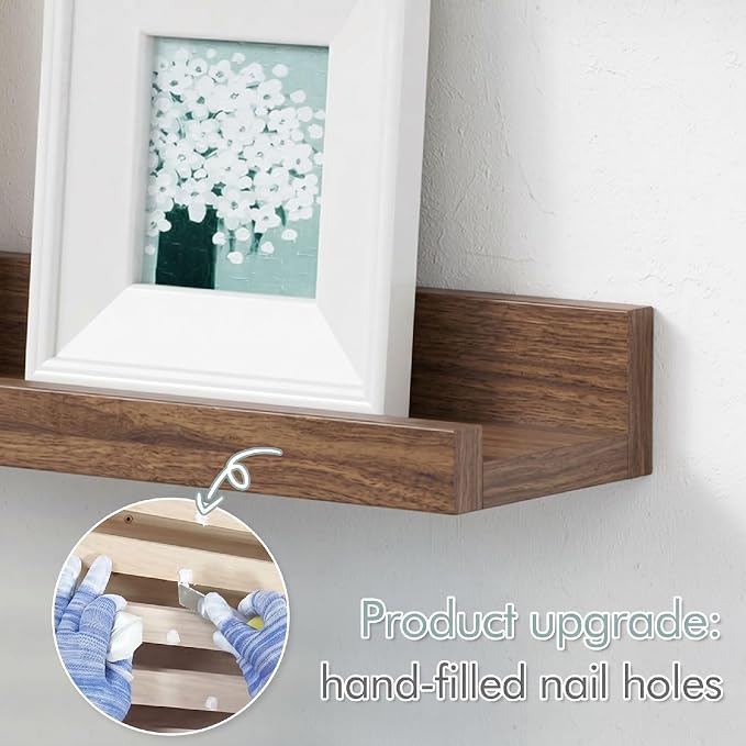 Forbena 36 Inch Picture Ledge Shelf, Floating Nursery Shelves for Wall | Solid Wood Material | Lip Edge | Ideal for Living Room Kids Bedroom Office Photo Frame Display | Walnut Brown | 4 Pack
