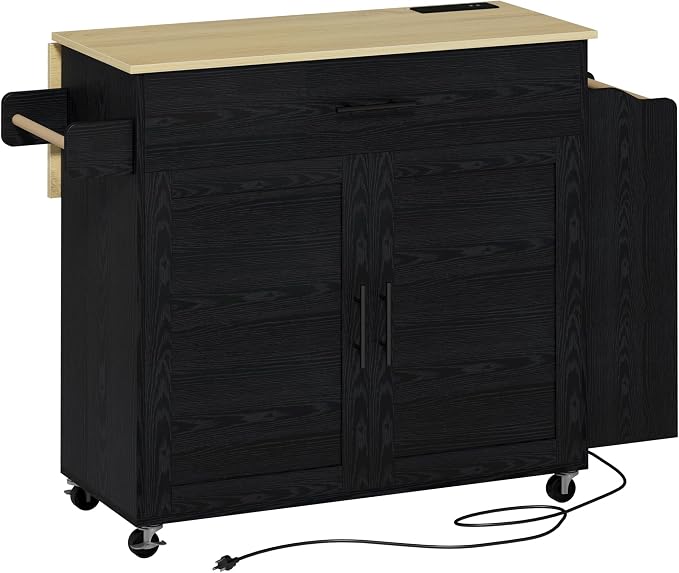IRONCK Kitchen Island with Storage, Rolling Kitchen Island on Wheels with Drop Leaf, Charging Station, 3 Open Spice Rack, Cabinet, Drawer, Kitchen Cart Island Table for Kitchen, Black