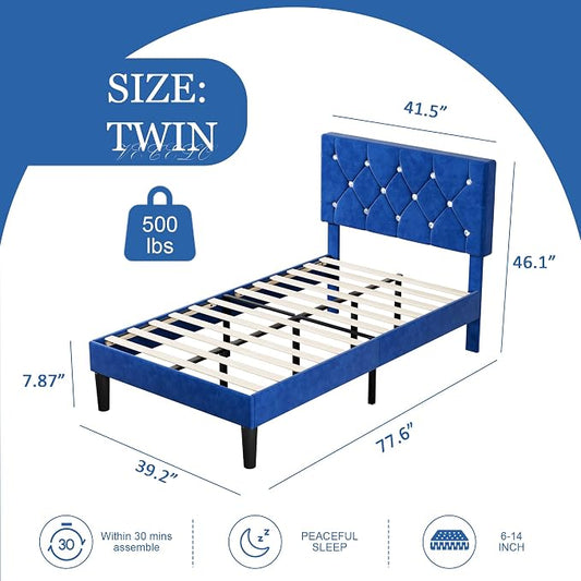 VECELO Twin Size Bed Frame, Upholstered Platform with Adjustable Diamond Tufted Headboard, Wood Slat Support, No Box Spring Needed, Navy Blue