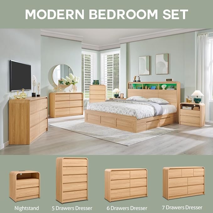 Aitjunz Modern 6 Drawers Dresser for Bedroom, 47" Wide Wood Dressers & Chests of Drawers w/Curved Profile Design, Mid Century Modern Dresser w/Natural Texture for Bedroom, Living Room, Natural Oak
