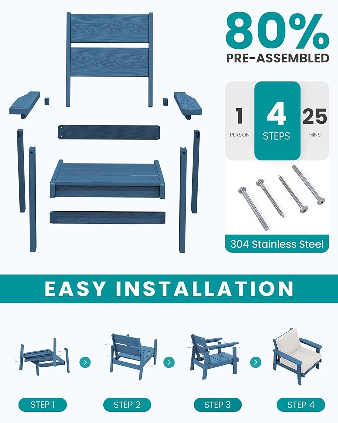 SERWALL HDPE Outdoor Couch, All-Weather Wood-Like Outdoor Sofa Set with Coffee Table, Blue Frame and Khaki Cushion