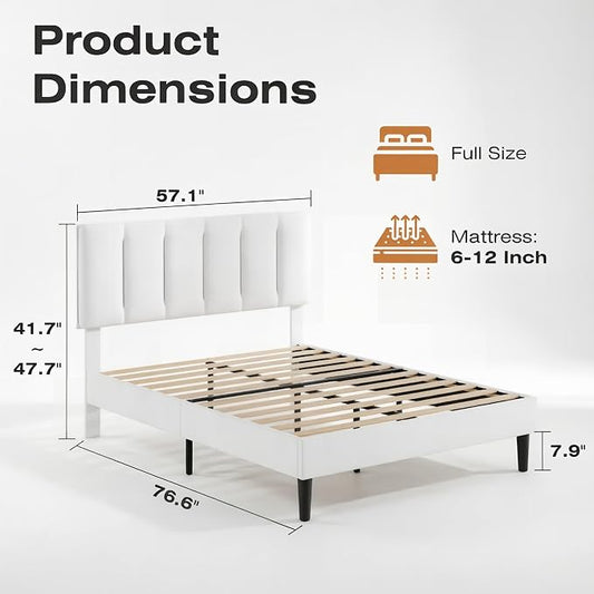 VECELO Full Bed Frame with Upholstered Headboard, Heavy-Duty Platform Bedframe with Strong Wooden Slats Support, No Boxing Spring Needed, Pure White