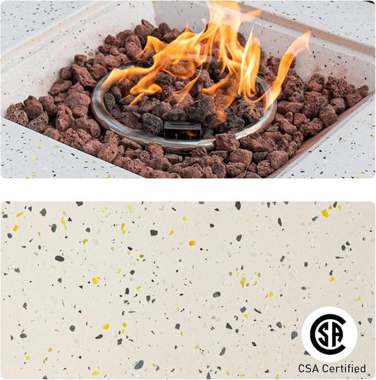 COSIEST Outdoor Propane Fire Pit Coffee Table, 28-inch Terrazzo Square Base Patio Heater w Certified, 40,000 BTU Stainless Steel Burner, Free Lava Rocks and Rain Cover