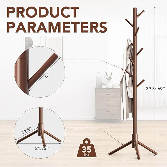 Wooden Coat Rack Freestanding with 8 Hooks,Easy Assembly New Zealand Pine Tree Coat Racks, 3 Adjustable Sizes for Clothes, Hats, Bags, for Entryway, Hallway, Bedroom, Office (Brown, 1 PC)