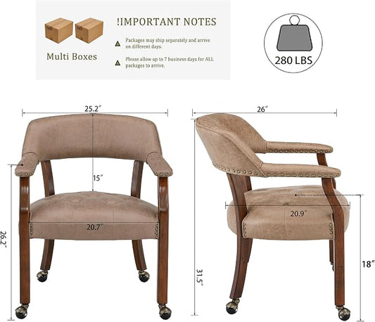 LEEMTORIG Set of 2 Dining Chairs with Casters and Arms, Rolling Dining Chairs with Wheels for Elderly, Ergonomic Wide Seat Wood Office Chair, 26" Dx25.2 W, Cherry Legs&Yellow Brown Fabric SY-1533-LT