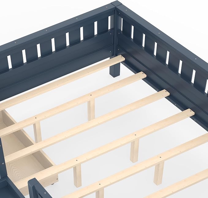 Bellemave Queen Bed with Storage Drawers & Bookshelf, Low Profile Kids Bed Frame with Staircase & Full Length Guardrails, Solid Wood Queen Bed for Kids with Slats Load 550LBS, Easy Assembly, Blue