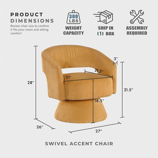 Lexicon 360 Degree Swivel Accent Chair, Modern Comfy Corduroy Round Barrel Chair, Open Back, Plush Foam Cushions, Metal Swivel Base for Living Room/Bedroom/Office/Small Spaces, Yellow