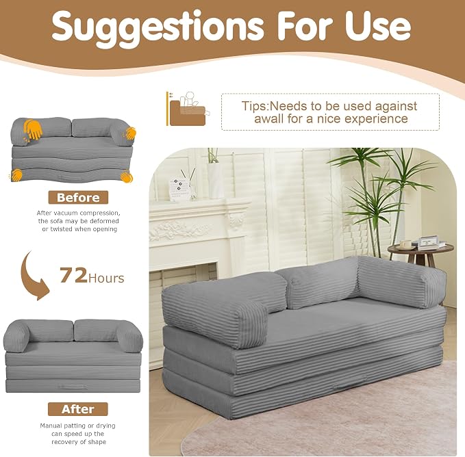 Convertible Sofa Bed,5-in-1 Tri-Fold Boneless Couch with Removable Armrests & Handle,Corduroy Futon Sleeper Sofa,Floor Folding Mattress Pull Out Bed for Small Space Apartment Living Room Bedroom