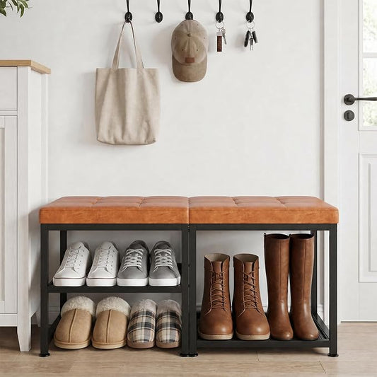 DreamDashio Set of 2 Small Shoe Storage Benches with PU Leather Cushion, 3-Tier Shoe Rack Organizer for Entryway, Metal Mesh Shelves, Holds Up to 300 lbs, Brown (31.5"x11.4"x17.5")