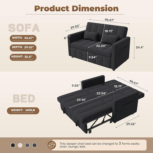 Nebuaegis Sleeper Sofa Bed,3-in-1 Convertible Pull Out Couch with Adjustable Backrest for Living Room,Loveseat Sofa Bed with Side Pockets,Easy Assembly,Dark Gray,1 PCS