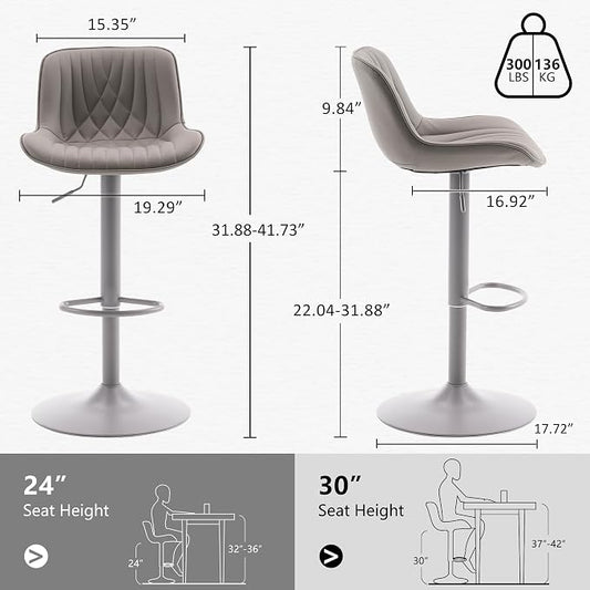 YOUTASTE Faux Leather Bar Stools Set of 2, All Grey Upholstered Counter Height Barstools with Back, Adjustable Swivel Stool Chair with Grey Metal Base for Home Kitchen Island