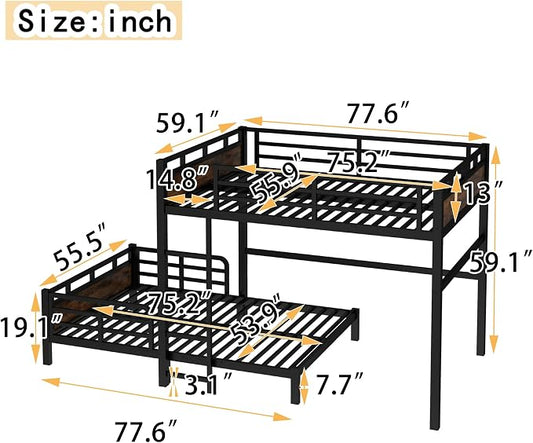 Full Over Full Metal Bunk Bed, Heavy Duty Convertible Bunk Bed Frame with Headboard & Full Guardrails, Can Be Split into Two Platform Beds or Loft Bed, Vintage