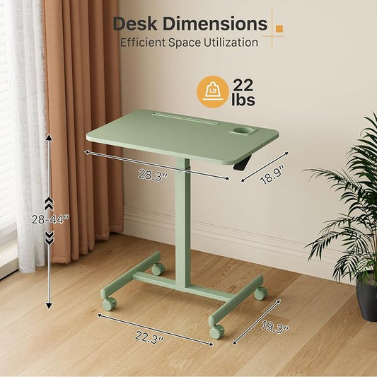 Mobile Standing Desk, 28 inch Rolling Laptop Cart Adjustable Height with Cup Holder, Portable Table with 4 Lockable Wheels, Green Computer Workstation with Hook and Slots for Home Office