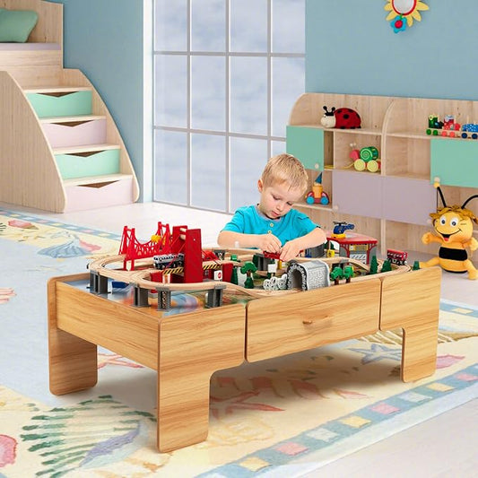 Costzon 2-in-1 Wooden Train Table with Storage Drawer | Kids Activity Table w/ 100 Pieces Railway, Track, Cars, City, DIY Design, Reversible Tabletop, Gift for Boys Girls