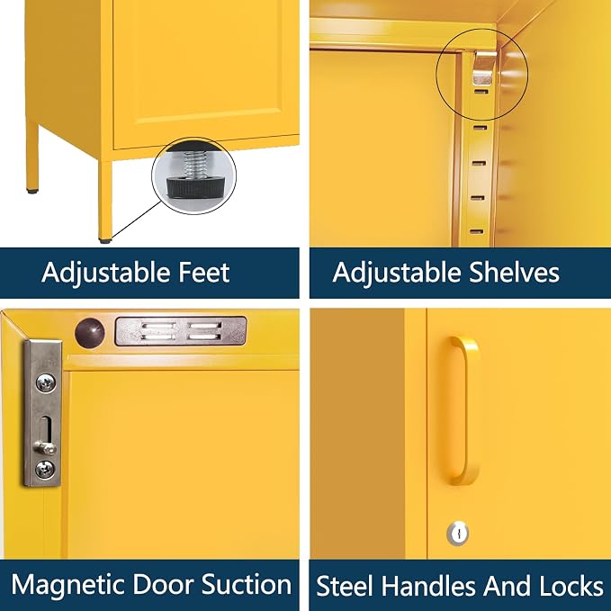 Lockable Closet Metal Wardrobe 67" Yellow 2 Door Wardrobe Bedroom Storage Cabinet Adjustable shelf Multi functional metal Storage Cabinet with hanging rail for domestic use 18.1" D x 31.5" W x 67" H
