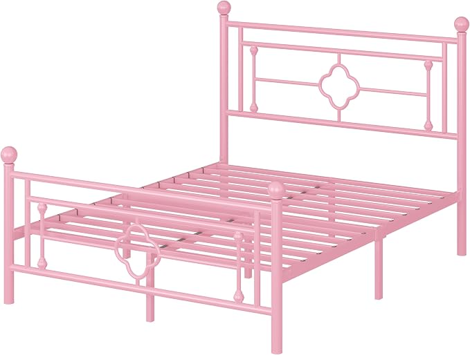 Allewie Full Size Metal Platform Bed Frame with Victorian Vintage Headboard and Footboard/Mattress Foundation/Under Bed Storage/No Box Spring Needed/Noise-Free/Easy Assembly, Pink