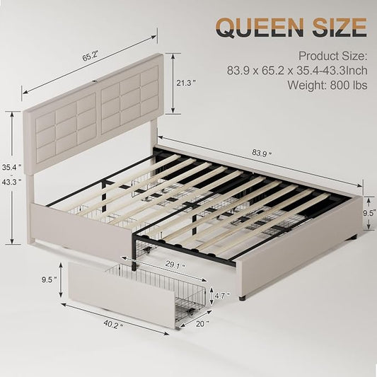 VECELO Queen Size Bed Frame with 4 Storage Drawers & Adjustable Headboard, Built-in Charging Station, Upholstered Bedframe with Wood Slats Support, Beige