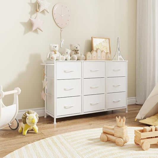 Dresser for Bedroom, Small Fabric Dressers for Kids Bedroom, 9 Drawers Dresser for Closet, Storage Organizer Chest of Drawers for Nursery, Dorm, Apartment, TV Stand, Wooden Top, Side Hooks (White)