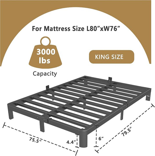 ITIMIDI 6 Inch King Bed Frame with Metal Gaskets, No Box Spring Needed, Heavy Duty Steel Support 3500 LBS, DIY Headboard, Easy Assembly, Anti-Slip Mattress Stopper, Round Corner Leg, Black