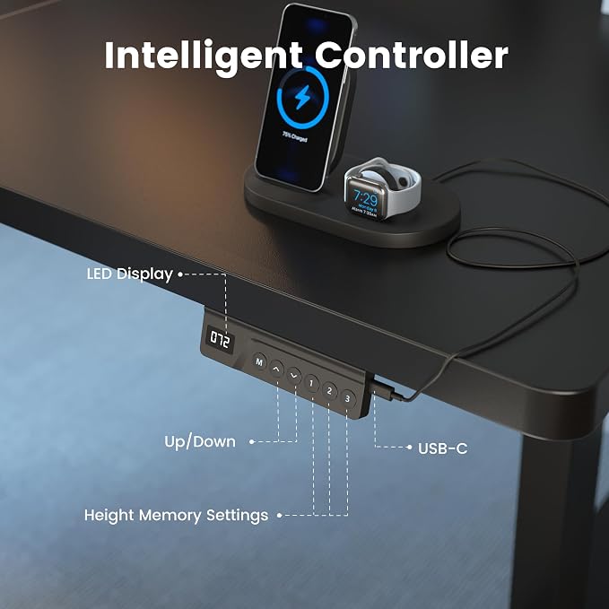 FEZIBO 83 x 37 Inch Standing Desk with Integrated Dual-Beam, Cable Management, 3 Memory Height Adjustable Computer Desk for Home Office Workstation, 1" Thick Large 3-Piece Desktop Black