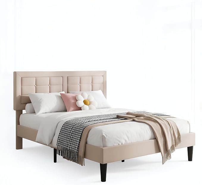 VECELO Full Size Bed Frame, Adjustable Upholstered Button Tufted Headboard, Heavy-Duty Bedframe with Wood Slats Support, No Box Spring Needed, Beige